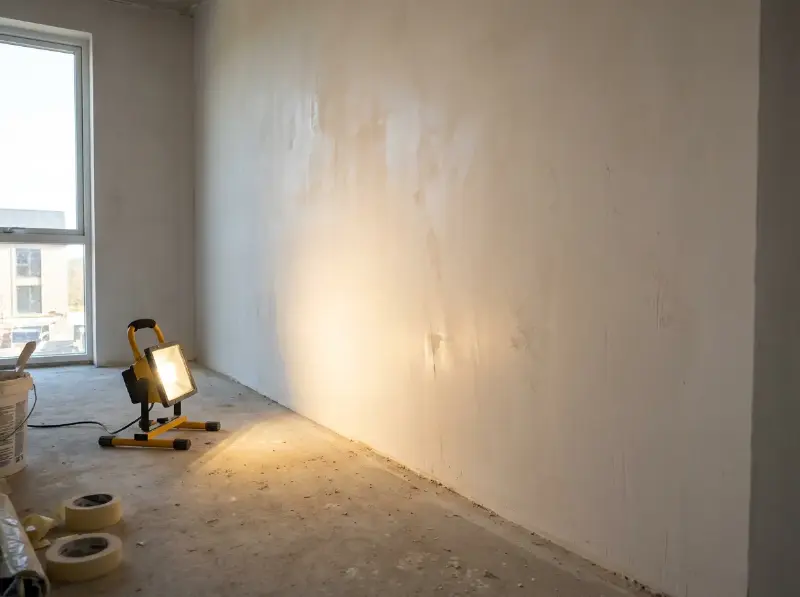 Werfleider met een lamp langs een pas gepleisterde muur bij de oplevering