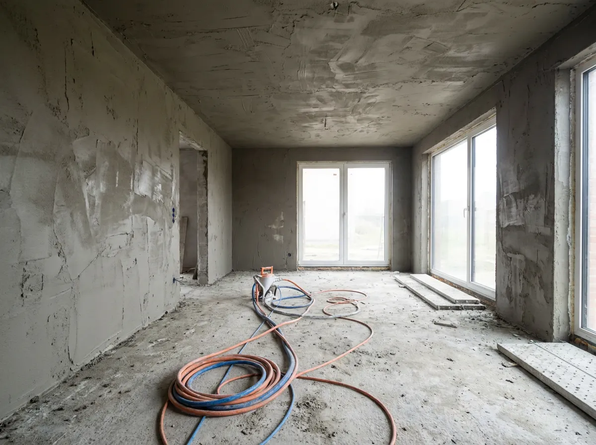 Binnenkant van een nieuwbouwwoning tijdens het pleisteren, muren met verse raaplaag en de slang van de pleistermachine op de vloer