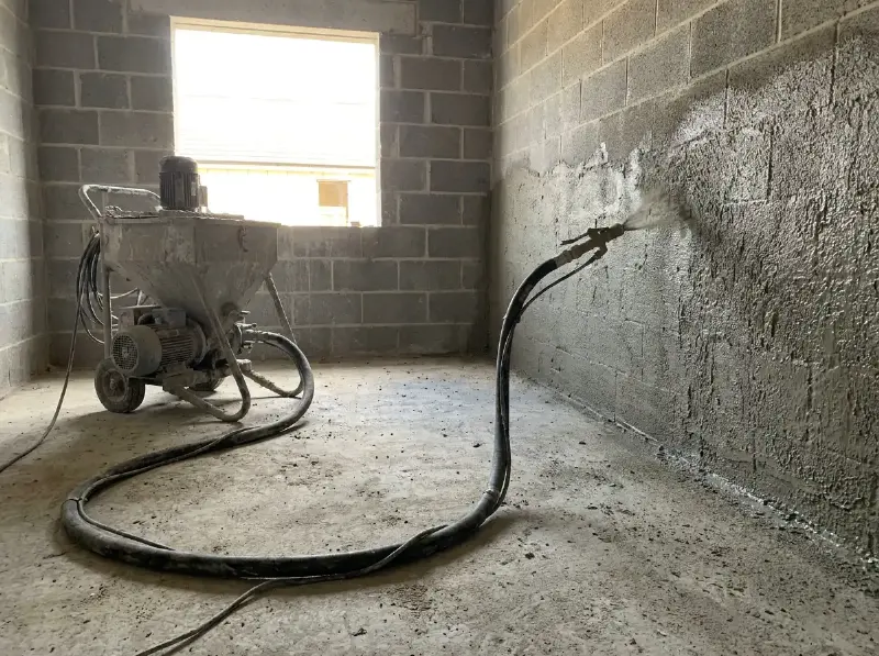 Pleistermachine die de raaplaag op een binnenmuur spuit, slang over de vloer van een nieuwbouw